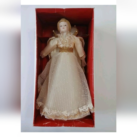 Vintage Sears Angel Tree Topper Christmas  Porcelain Head Hands Gold Trim Box - Picture 13 of 15